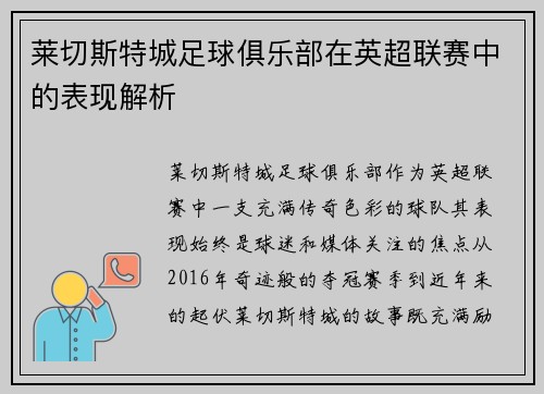 莱切斯特城足球俱乐部在英超联赛中的表现解析