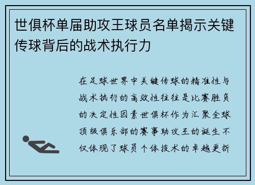 世俱杯单届助攻王球员名单揭示关键传球背后的战术执行力