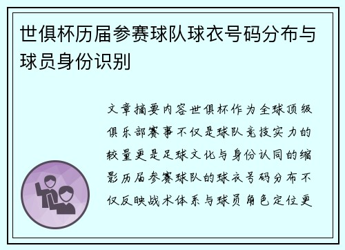 世俱杯历届参赛球队球衣号码分布与球员身份识别